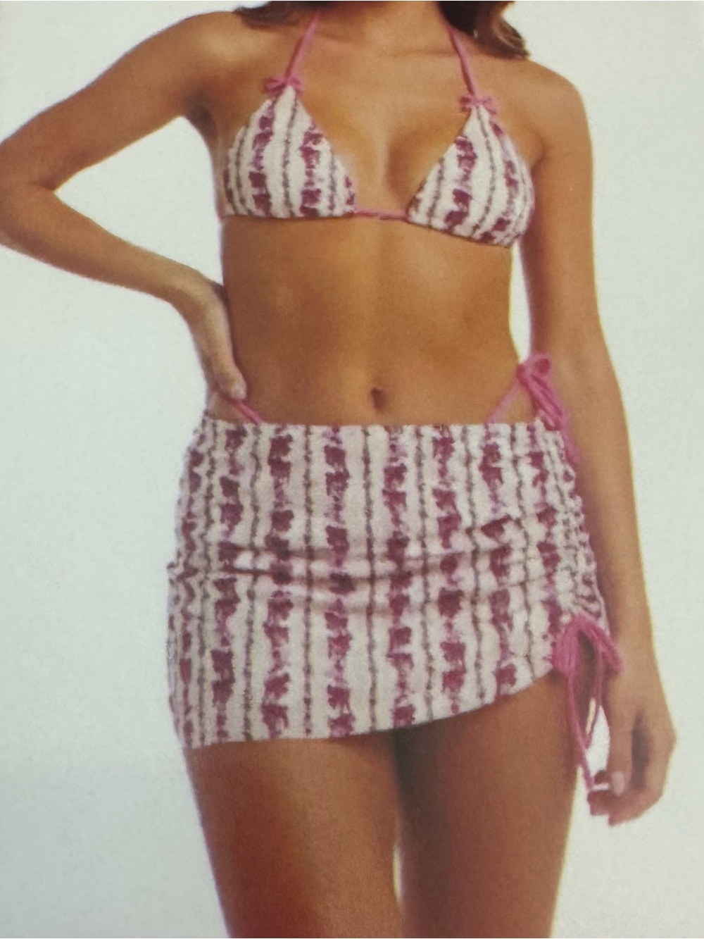 NWT Betsey Johnson 3-Piece Triangle Bikini & Ruched Skirt Set - Size S Pink Bows